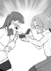 2girls anyoji_hime blunt_sidelocks blush box braid closed_mouth commentary cowboy_shot greyscale hair_ribbon holding holding_box jewelry kachimachi_kosuzu link!_like!_love_live! long_hair long_sleeves love_live! low_ponytail marriage_proposal medium_skirt monochrome multiple_girls namazakana_kuenai nervous_sweating nose_blush open_box open_mouth pantyhose ponytail profile ribbon ring shorts side_braids sidelocks simple_background skirt sweat sweater turtleneck turtleneck_sweater virtual_youtuber wedding_ring white_background yuri