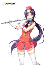 1girl alternate_hair_color band_uniform bare_shoulders black_necktie boots breasts buttons cleavage_cutout closed_mouth closers clothing_cutout collared_jacket copyright_name cowboy_shot double-breasted eunha_(closers) flute fold-over_gloves gloves green_eyes hat highres holding holding_flute holding_instrument instrument jacket knee_boots legs_apart logo long_hair looking_at_viewer marching_band medium_breasts mini_hat mini_shako_cap miniskirt music necktie official_art parted_bangs playing_flute playing_instrument pleated_skirt ponytail purple_hair red_boots red_hat red_jacket red_skirt shako_cap sidelocks skirt sleeveless sleeveless_jacket solo standing thighhighs transverse_flute very_long_hair white_background white_gloves white_thighhighs wing_collar zettai_ryouiki