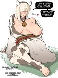 animal_costume animal_ears animal_print bikini blonde_hair blunt_bangs borrowed_clothes breasts breasts_out collarbone cow_costume cow_ears_hairband cow_horns cow_mom_(centaurii-chan) cow_print cow_print_bikini english_text highres horns large_breasts long_hair navel nipples open_mouth original print_bikini print_leggings swimsuit the_varking thighhighs very_long_hair