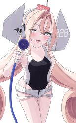 1girl absurdres black_one-piece_swimsuit blonde_hair breasts commentary_request competition_swimsuit cosplay cowboy_shot drum_(kancolle) garrison_cap grey_eyes hair_rings hat headgear highres holding holding_hose hose hose_nozzle kantai_collection l_meet long_hair one-piece_swimsuit red_hat scamp_(kancolle) scamp_(kancolle)_(cosplay) short_shorts shorts simple_background small_breasts solo swimsuit two-tone_swimsuit very_long_hair white_background white_shorts