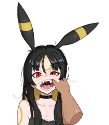 1boy 1girl animal_ears arm_markings bare_shoulders black_choker black_dress black_ears black_hair blonde_hair body_markings breasts choker cleavage collarbone colored_inner_hair commentary_request dark-skinned_male dark_skin disembodied_hand dot_nose dress eyebrows_hidden_by_hair facial_mark fangs finger_in_another&#039;s_mouth frilled_dress frills gen_2_pokemon hair_between_eyes hair_over_shoulder highres long_eyelashes long_hair looking_at_viewer messy_hair mouth_pull multicolored_hair nihu nintendo open_mouth out_of_frame parted_bangs parted_hair personification pokemon portrait pov pov_hands raised_eyebrows red_eyes saliva saliva_trail sidelocks simple_background slit_pupils solo_focus teeth thick_eyelashes tongue tsurime two-tone_hair umbreon veins veiny_arms white_background yellow_stripes