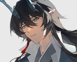 1boy dan_heng_(honkai:_star_rail) dan_heng_(imbibitor_lunae)_(honkai:_star_rail) dragon_horns earrings green_eyes grey_background honkai:_star_rail honkai_(series) horns jewelry looking_down male_focus muya_(77muya) official_art parted_lips pointy_ears popped_collar simple_background single_earring solo tassel tassel_earrings teeth upper_body