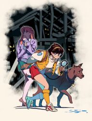 2girls abandoned animal animal_collar animification blonde_hair blue_eyes breasts brown_eyes brown_hair brown_shoes collar commentary covering_own_mouth daphne_blake dog edoya_inuhachi glasses glowing glowing_eyes great_dane green_skirt hairband hand_over_own_mouth highres holding holding_magnifying_glass jacket leaning_forward letterman_jacket long_hair looking_back looking_up magnifying_glass medium_breasts multiple_girls pleated_skirt purple_jacket red_shoes red_shorts rimless_eyewear round_eyewear scared scooby-doo scooby-doo_(character) searching shadow shoes short_hair shorts skirt small_sweatdrop sneakers socks standing sweater thighhighs turtleneck turtleneck_sweater velma_dinkley walking white_sweater yellow_hairband yellow_socks