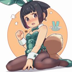 1girl animal_ears black_hair black_pantyhose blush bow bowtie breasts bright_pupils carrot_earrings clenched_hand colored_inner_hair commentary_request cuff_links detached_collar earrings embarrassed fake_animal_ears fang food-themed_earrings food_themed_earrings fox_tail green_bow green_bowtie green_leotard green_shoes jewelry kukuri_(mawaru) leotard looking_at_viewer mawaru_(mawaru) multicolored_hair multiple_tails nose_blush open_mouth original pantyhose playboy_bunny purple_eyes purple_hair rabbit_ears revision shoes small_breasts solo strapless strapless_leotard tail textless_version white_pupils wrist_cuffs