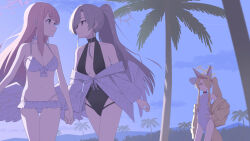 Rule 34 | 3girls, animal ears, bikini, black one-piece swimsuit, blonde hair, blue archive, breasts, cloud, commentary, evening, fox ears, fox girl, fox tail, highres, holding hands, looking at another, medium breasts, mika (blue archive), mika (swimsuit) (blue archive), mikan battery, multiple girls, nagisa (blue archive), nagisa (swimsuit) (blue archive), official alternate costume, one-piece swimsuit, outdoors, palm tree, pink hair, ponytail, purple hair, seia (blue archive), seia (swimsuit) (blue archive), sky, swimsuit, tail, tree, walking, white bikini, white one-piece swimsuit, yuri