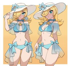 Rule 34 | 1girl, bare shoulders, bikini, blonde hair, blue bikini, blue eyes, breasts, choker, cleavage, closed mouth, commentary, english commentary, flower, hair over one eye, hat, highres, hyyun ho, jewelry, large breasts, long hair, looking at viewer, mario (series), medium breasts, navel, necklace, nintendo, rosalina, see-through clothes, solo, star (symbol), stomach, sun hat, super mario galaxy, swimsuit