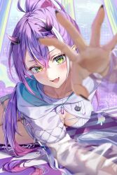 Rule 34 | 1girl, absurdres, blurry, blurry foreground, blush, breasts, cleavage, demon girl, demon horns, fang, green eyes, highres, hololive, horns, looking at viewer, medium breasts, purple hair, reaching, reaching towards viewer, shirt, skin fang, solo, tokoyami towa, virtual youtuber, white shirt, yoitsuki nema