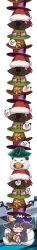 1girl :d absurdres ahri_(league_of_legends) animal_ears bare_shoulders black_hair blush breasts brown_hat chibi cleavage cowboy_hat drinking_straw facial_mark fox_ears fox_girl fox_tail full_body goggles goggles_on_headwear green_hat hat highres incredibly_absurdres juice_box large_breasts league_of_legends long_hair long_image multiple_tails open_mouth pink_hat red_hat santa_hat smile solo tail tall_image teamfight_tactics thigh_strap too_many_hats top_hat very_long_hair whisker_markings witch_hat yabby yellow_eyes
