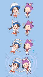 arm_up black_hair blue_background blush braid brown_eyes brown_hair chibi closed_eyes closed_mouth collared_shirt commentary flying_sweatdrops hat heart heart_arms heart_arms_duo hetero highres jacket juliana_(pokemon) kieran_(pokemon) kooda multicolored_hair multiple_views naranja_academy_school_uniform nintendo open_clothes open_jacket open_mouth orange_shorts pokemon pokemon_sv purple_hair red_tank_top school_uniform shirt shorts sparkle standing symbol-only_commentary tank_top white_jacket white_shirt white_shorts