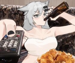 Rule 34 | 1girl, arknights, bare arms, bare shoulders, beer bottle, black nails, bottle, chips (food), commentary, controller, english commentary, food, grey eyes, hair ornament, hairclip, highres, holding, holding bottle, holding remote control, indoors, lappland (arknights), long hair, looking at viewer, midriff, nail polish, najkai, potato chips, remote control, solo, strapless, tube top, upper body, white hair