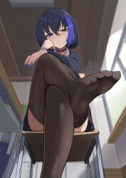 1girl absurdres black_choker black_hair black_skirt black_thighhighs blue_eyes blue_hair blue_nails bob_cut bored chair choker classroom commentary_request crossed_legs feet foot_focus from_below hand_on_own_cheek hand_on_own_face head_rest heterochromia highres indoors kirisame_oreo looking_at_viewer looking_down multicolored_hair nail_polish original pantyhose sitting skirt soles solo streaked_hair thighhighs toenail_polish toenails window yellow_eyes