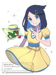 1girl black_hair blue_eyes blue_hair closed_mouth colored_inner_hair dress fearensu floragato hair_ornament hairclip hat highres liko_(pokemon) looking_at_viewer multicolored_hair nintendo pokemon pokemon_(anime) pokemon_(creature) pokemon_horizons puffy_short_sleeves puffy_sleeves short_hair short_sleeves smile two-tone_hair white_background yellow_dress yellow_hat
