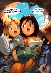Rule 34 | ..., 1girl, 3boys, adelbert steiner, barrel, black choker, black hair, black mage (final fantasy), blue eyes, blush, bodysuit, boy sandwich, breasts, brown gloves, brown wings, choker, cleavage, covered navel, cramped, english text, faceless, final fantasy, final fantasy ix, from below, garnet til alexandros xvii, gloves, green gloves, groping, helmet, highres, hug, hug from behind, lace-up, long sleeves, medium breasts, multiple boys, nose blush, optionaltypo, orange bodysuit, puffy long sleeves, puffy sleeves, sandwiched, shirt, solid eyes, speech bubble, square enix, teeth, upper teeth only, vivi ornitier, white shirt, wings, yellow eyes, zidane tribal