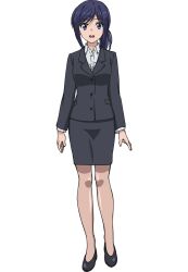 Rule 34 | 1girl, anime coloring, black jacket, black skirt, black suit, blue eyes, blue hair, business suit, collared shirt, formal clothes, full body, jacket, long hair, long sleeves, looking at viewer, low twintails, office lady, official art, open mouth, ponytail, sakimoto sayuri, shirt, simple background, skirt, skirt suit, smile, sokushi cheat ga saikyou sugite isekai no yatsura ga marude aite ni naranai n desu ga, solo, standing, suit, takatou asaka, twintails, white shirt