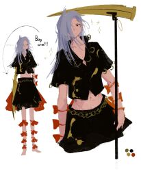 Rule 34 | 1girl, abs, arm ribbon, arthropod limbs, barefoot, bow, collarbone, collared shirt, cowboy shot, english text, full body, grey hair, highres, himemushi momoyo, holding, holding pickaxe, jewelry, llamas yes, long hair, looking at viewer, messy hair, muscular, orange bow, orange ribbon, pickaxe, ribbon, ring, shirt, short sleeves, skirt, sparkle, touhou