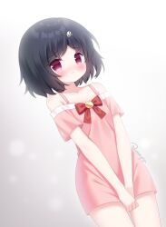 1boy arms_between_legs artist_name bare_shoulders black_hair blush bow bowtie closed_mouth collarbone cowboy_shot crossdressing dress dutch_angle frown hair_ornament hairclip highres hudie2333 looking_at_viewer male_focus own_hands_together pink_dress pink_eyes red_bow red_bowtie short_hair simple_background skull_hair_ornament steins;gate tearing_up trap urushibara_ruka v_arms white_background