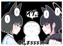 1boy 2girls animal_ears black_eyes black_hair blue_archive blue_halo blush cat_ears colored_inner_hair doodle_sensei_(blue_archive) extra_ears halo highres ikurage_(namakurage_13) kazusa_(blue_archive) kazusa_(halloween)_(blue_archive) kikyou_(blue_archive) kikyou_(swimsuit)_(blue_archive) multicolored_hair multiple_girls official_alternate_costume open_mouth pink_halo red_eyes sensei_(blue_archive) short_hair translation_request two-tone_hair