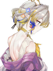 1girl absurdres arknights back blonde_hair closed_mouth dragon_girl dragon_horns eastern_dragon_horns flower from_behind fruit_earrings gradient_hair green_eyes grey_hair hair_flower hair_ornament hairpin highres horns jacket kei11525 multicolored_hair multiple_hairpins official_alternate_costume official_alternate_hairstyle pointy_ears purple_jacket shu_(arknights) shu_(spring_feast)_(arknights) simple_background smile solo upper_body white_background