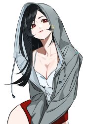 1girl absurdres black_hair breasts cleavage closed_mouth final_fantasy final_fantasy_vii highres hood hood_up hooded_jacket jacket long_hair red_eyes shirt simple_background solo sweat tifa_lockhart tizibade white_background white_shirt