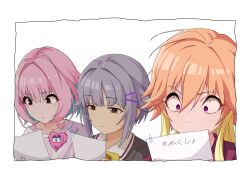 Rule 34 | 3girls, ahoge, aqua hair, blonde hair, brown eyes, closed mouth, collarbone, commentary, dot nose, expressionless, furrowed brow, hair between eyes, hair intakes, hair ornament, hairclip, highres, holding, holding paper, idolmaster, idolmaster cinderella girls, kakki (kackie), koshimizu sachiko, looking down, medium hair, multiple girls, nervous sweating, ninomiya asuka, no nose, orange hair, paper, pink eyes, pink hair, purple eyes, shirt, short hair, sidelocks, simple background, sweat, white background, yumemi riamu