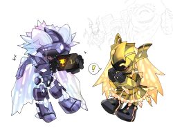 ! ^_^ armor blonde_hair blush closed_eyes crystron_citree crystron_tristaros cup duel_monster golem_that_guards_the_millennium_treasures highres holding holding_phone marittakari phone robot screen sengenjin sengenjin_wakes_from_a_millennium speech_bubble the_zombie_vampire thumbs_up white_background white_hair yu-gi-oh! yu-gi-oh!_master_duel