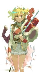1girl aiguillette arm_at_side badge belt belt_buckle blonde_hair brown_belt buckle cape collared_jacket commentary daiba_nana dot_nose epaulettes feet_out_of_frame fingernails fur-trimmed_jacket fur_trim glint green_eyes green_ribbon grey_jacket grey_skirt hair_ribbon highres holding holding_sword holding_weapon invisible_floor jacket jacket_on_shoulders katana long_sleeves looking_at_viewer miniskirt outline parted_lips pink_cape planted planted_sword planted_weapon pleated_skirt red_jacket red_sash red_sleeve_cuffs ribbon sash seu_kaname short_hair shoujo_kageki_revue_starlight shoulder_boards shoulder_sash simple_background skirt solo sparkle standing straight-on sword symbol-only_commentary two_side_up waist_cape weapon white_background white_outline wide-eyed