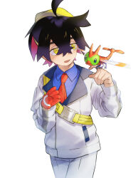Rule 34 | 1boy, ahoge, black hair, blue shirt, collared shirt, colored inner hair, commentary request, crossed bangs, gen 2 pokemon, gloves, hair between eyes, hairband, highres, holding strap, jacket, kieran (pokemon), long sleeves, male focus, mkkn 5f, multicolored hair, necktie, nintendo, open mouth, pokemon, pokemon (creature), pokemon sv, red gloves, red necktie, shirt, shorts, simple background, single glove, white background, white jacket, white shorts, yanma, yellow eyes, yellow hairband