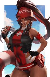 1girl alternate_costume arc2urus armband bandaid bandaid_on_face bandaid_on_nose black_gloves black_vest blue_sky border brown_eyes brown_hair cloud cloudy_sky commentary cross dark-skinned_female dark_skin english_commentary fingerless_gloves first_aid_kit gauze gauze_on_arm gauze_on_cheek gloves hat highres holding holding_whistle inset_border juliette_(omega_strikers) lifebuoy lifeguard long_hair looking_at_viewer omega_strikers open_mouth ponytail red_armband red_hat sidelocks sky sleeveless smile solo swim_ring teeth thighs vest visor_cap water wet whistle whistle_around_neck white_border