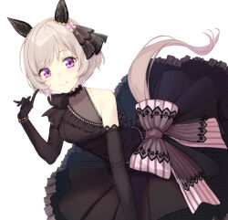 1girl animal_ears bare_shoulders black_dress black_gloves blush bow breasts cleavage coffeekite commentary_request curren_chan_(sakutsuki_ma_cherie)_(umamusume) curren_chan_(umamusume) dress dress_bow ear_covers ear_ornament elbow_gloves gloves grey_hair horse_ears horse_girl horse_tail looking_at_viewer medium_breasts official_alternate_costume pink_bow purple_eyes see-through_clothes see-through_cleavage short_hair simple_background smile solo tail umamusume veil white_background