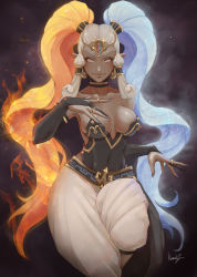 1girl absurdres baggy_pants bare_shoulders blue_fire breasts bridal_gauntlets choker closed_mouth collarbone covered_navel dark-skinned_female dark_skin earrings embers fiery_hair fire gerudo grey_hair hand_up highres ice jewelry kumanz leotard lips long_hair looking_at_viewer mature_female medium_breasts multicolored_hair nintendo orange_hair pants pointy_ears ring sidelocks smile solo strapless strapless_leotard the_legend_of_zelda the_legend_of_zelda:_ocarina_of_time tiara twinrova very_long_hair