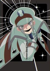 Rule 34 | 1boy, coat, collared shirt, commentary request, emmet (pokemon), gloves, grey eyes, grey hair, grey trim, hand on own chest, hat, highres, long sleeves, male focus, necktie, nintendo, pants, peaked cap, pokemon, pokemon bw, popped collar, purple necktie, shirt, sideburns, sleeve cuffs, solo, toyama. (toyama 525), white coat, white gloves, white hat, white pants, white shirt, wing collar