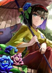1girl blue_flower breasts brown_hair colored_inner_hair erika_(pokemon) flower ganemu_(0912015) gen_1_pokemon green_eyes hair_flower hair_ornament hairband holding japanese_clothes kimono leaf_hair_ornament looking_at_viewer multicolored_hair nintendo outdoors pokemon pokemon_(creature) pokemon_frlg purple_flower purple_hair red_hairband red_skirt short_hair sitting skirt vileplume yellow_kimono