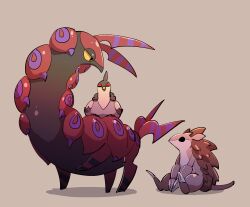 bird claws closed_mouth commentary_request gen_1_pokemon gen_5_pokemon grey_background highres himurohiromu horns looking_down nintendo no_humans pokemon pokemon_(creature) riding riding_pokemon sandslash scolipede sitting standing tranquill yellow_eyes