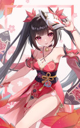 1girl absurdres arm_up armpits bell black_choker black_hair black_sash breasts choker collarbone criss-cross_halter detached_sleeves dress fox_mask gun halterneck handgun highres holding holding_gun holding_mask holding_weapon honkai:_star_rail honkai_(series) long_hair looking_at_viewer mark_under_both_eyes mask mask_on_head medium_breasts moonct neck_bell red_dress red_sleeves revolver sash sidelocks snubnosed_revolver solo sparkle_(honkai:_star_rail) tongue tongue_out twintails weapon white_background