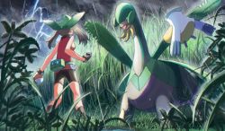 1girl bad_id bad_twitter_id bandana bare_arms bike_shorts black_legwear brown_hair cloud commentary_request dark_cloud dark_sky fanny_pack foliage gen_3_pokemon gloves grass green_bandana holding holding_poke_ball lightning may_(pokemon) may_(pokemon_emerald) nintendo outdoors overcast pelipper poke_ball poke_ball_(basic) pokemon pokemon_(creature) pokemon_emerald pokemon_rse rain rowdon sky socks tall_grass tropius twintails