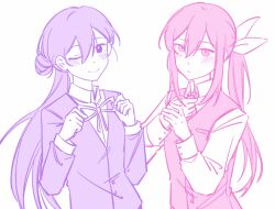 Rule 34 | 2girls, alternate costume, alternate hairstyle, aubrey (faraway) (omori), aubrey (omori), bailan1130, blush, butler, female butler, hair ribbon, highres, limited palette, long hair, long sleeves, looking at viewer, mari (faraway) (omori), mari (omori), multiple girls, necktie, omori, one eye closed, ponytail, ribbon, simple background, sketch, smile, white background