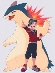 1boy backwards_hat baseball_cap black_hair ethan_(pokemon) gen_2_pokemon hat highres holding holding_poke_ball jacket long_sleeves mikakami1e nintendo open_mouth pants poke_ball pokemon pokemon_(creature) pokemon_hgss red_jacket shirt short_hair simple_background smile typhlosion