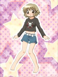 Rule 34 | 1girl, anime screenshot, bare legs, belt, black sweater, blue shorts, blush, brown eyes, brown hair, casual, female focus, full body, hair ornament, hairclip, hidamari sketch, highres, looking down, midriff, navel, nose blush, outstretched arms, short hair, shorts, skull and crossbones, skull print, solo, standing, star (symbol), star symbol background, stitched, sweater, third-party edit, white belt, yuno (hidamari sketch)