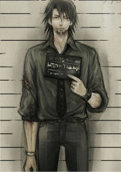 10s 1boy bad_id bad_pixiv_id blood brown_eyes brown_hair bruise bruised_eye cuts facial_hair holding holding_sign injury jewelry kaburagi_t._kotetsu key007 male_focus mugshot muted_color necktie ring short_hair sign sign_holding solo stubble tiger_&amp;_bunny watch wedding_band wristwatch