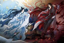 2boys architecture bird black_bird black_boots black_hair black_hanfu boots building chinese_clothes closed_mouth coat colored_smoke crane_(animal) crow dizi east_asian_architecture embers floating floating_clothes floating_hair flute flying full_body grey_coat hair_down hair_ribbon half_updo hanfu headband highres holding holding_flute holding_instrument holding_sword holding_weapon implied_yaoi instrument jian_(weapon) lan_wangji long_hair long_sleeves looking_at_another male_focus modao_zushi multiple_boys music non-web_source official_alternate_costume official_alternate_hairstyle official_art open_clothes open_coat playing_flute playing_instrument red_eyes red_ribbon red_sash ribbon robe sash sheath sheathed sky smoke sword sword_tassel tassel topknot transverse_flute very_long_hair weapon wei_wuxian wei_wuxian_(yiling_laozu) white_bird white_hanfu white_headband wide_sleeves xiao_guan_(headdress) yaopei yellow_eyes