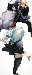 1boy 3boys absurdres air_(ai_r_) angry bad_anatomy bad_hands black_hair blue_hair colored_skin from_behind grey_skin hair_ornament hair_scrunchie highres itadori_yuuji jujutsu_kaisen long_hair low-tied_long_hair mahito_(jujutsu_kaisen) male_focus multiple_boys pale_skin pink_hair scrunchie short_hair simple_background solo standing stitched_arm stitched_face stitched_neck stitches transfigured_human_(jujutsu_kaisen) white_background wrestling yoshino_junpei