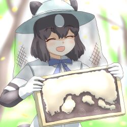 1girl animal_ears bear_ears bear_girl beekeeping_hat blue_bow blue_bowtie blush bow bowtie brown_bear_(kemono_friends) brown_gloves brown_hair closed_eyes collared_shirt ears_through_headwear elbow_gloves gloves hair_between_eyes kemono_friends mukouyama_mu multicolored_hair open_mouth shirt short_sleeves sidelocks smile solo t-shirt two-tone_hair upper_body white_gloves white_hair white_shirt