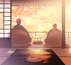 Rule 34 | 2boys, architecture, autumn leaves, bowl, brown hair, bungou to alchemist, chair, cup, drinking glass, dusk, east asian architecture, facing away, food, from behind, from inside, futabatei shimei (bungou to alchemist), grey hair, kacka, leaf, long hair, male focus, multiple boys, papasan chair, ponytail, senbei, shadow, short hair, shouji, sitting, slice of life, sliding doors, table, tatami, tree, tsubouchi shouyou (bungou to alchemist), veranda