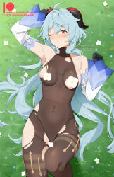 1girl absurdres ahoge areola_slip arm_up armpits bare_shoulders black_gloves black_leotard blue_hair blush bodystocking bodystocking_only bodysuit breasts brown_pantyhose censored chuchugou covered_navel detached_sleeves ganyu_(genshin_impact) genshin_impact gloves grass highres jewelry leotard leotard_under_clothes long_hair looking_at_viewer lying medium_breasts nose_blush on_back one_eye_closed paid_reward_available pantyhose purple_eyes sidelocks solo sweatdrop thighlet thighs torn_bodysuit torn_clothes torn_pantyhose white_sleeves