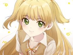 1girl blonde_hair closed_mouth collarbone collared_shirt commentary green_eyes highres huwarinn99 idolmaster idolmaster_cinderella_girls jougasaki_rika light_blush long_hair looking_at_viewer neck_ribbon portrait ribbon school_uniform shirt shooting_star_(symbol) short_sleeves smile solo sweater_vest two_side_up white_background white_shirt yellow_ribbon yellow_sweater_vest