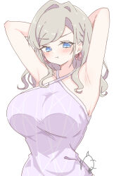1girl absurdres armpits arms_up blue_eyes blush breasts ceras_yanagida_lilienfeld ceras_yanagida_lilienfeld_(summer_training_wear) closed_mouth collarbone commentary criss-cross_halter grey_hair hair_intakes hair_ribbon halter_shirt halterneck highres large_breasts link!_like!_love_live! long_hair looking_at_viewer love_live! no_jacket pink_ribbon pout presenting_armpit purple_shirt ribbon rokoroko_65 shirt signature solo upper_body v-shaped_eyebrows virtual_youtuber wavy_hair