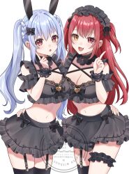 2girls :d alternate_costume alternate_hairstyle animal_ears arm_garter black_shirt black_skirt blue_hair bow braid breasts cleavage commentary_request crop_top cropped_shirt detached_collar extra_ears fang frilled_hairband frilled_shirt frilled_skirt frilled_thigh_strap frills garter_straps hair_between_eyes hair_bow hairband hand_on_another&#039;s_hip hand_up heterochromia highres hikimayu hololive houshou_marine lace_trim large_breasts long_hair looking_at_viewer midriff multiple_girls nametakeko navel open_mouth rabbit-shaped_pupils rabbit_ears rabbit_girl red_eyes red_hair shirt short_eyebrows side_braid sidelocks simple_background skirt small_breasts smile symbol-shaped_pupils thick_eyebrows thigh_strap thighhighs twintails two_side_up usada_pekora virtual_youtuber watermark white_background wrist_cuffs yellow_eyes