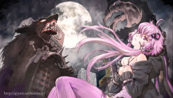 Rule 34 | 1girl, bad source, building, city, floating hair, highres, hood, jacket, long hair, low twintails, moon, night, parted lips, purple eyes, purple hair, sadamoto yoshiyuki, sky, solo, spikes, thighhighs, twintails, vocaloid, watermark, web address, woof, yuzuki yukari