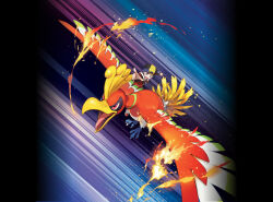 1boy bird black_hair black_hat blanco026 clenched_hand ethan_(pokemon) fire gen_2_pokemon grey_eyes hat highres ho-oh jacket legendary_pokemon long_sleeves male_focus nintendo official_art open_mouth pointing pokegear pokemon pokemon_(creature) pokemon_hgss pokemon_tcg red_jacket second-party_source shoes short_hair strap