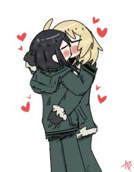 2girls absurdres ashenov black_gloves black_hair blonde_hair blush chito_(shoujo_shuumatsu_ryokou) closed_eyes gloves green_jacket green_pants heart highres hood hooded_jacket hug jacket kiss long_hair multiple_girls pants shoujo_shuumatsu_ryokou simple_background white_background yuri yuuri_(shoujo_shuumatsu_ryokou)